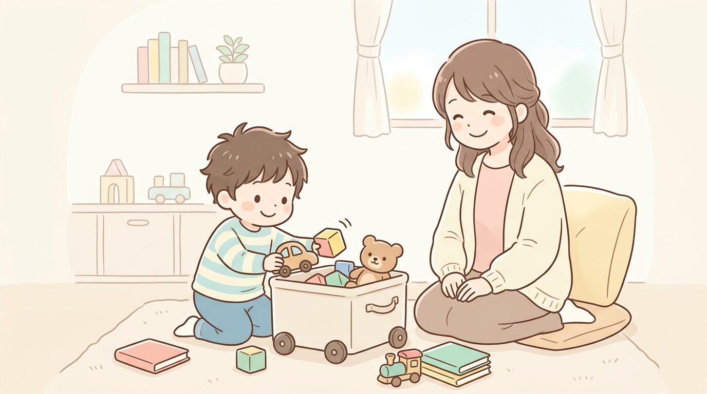 おもちゃの片付けを自分で選んで進める3歳児と、隣で温かく見守る親の様子