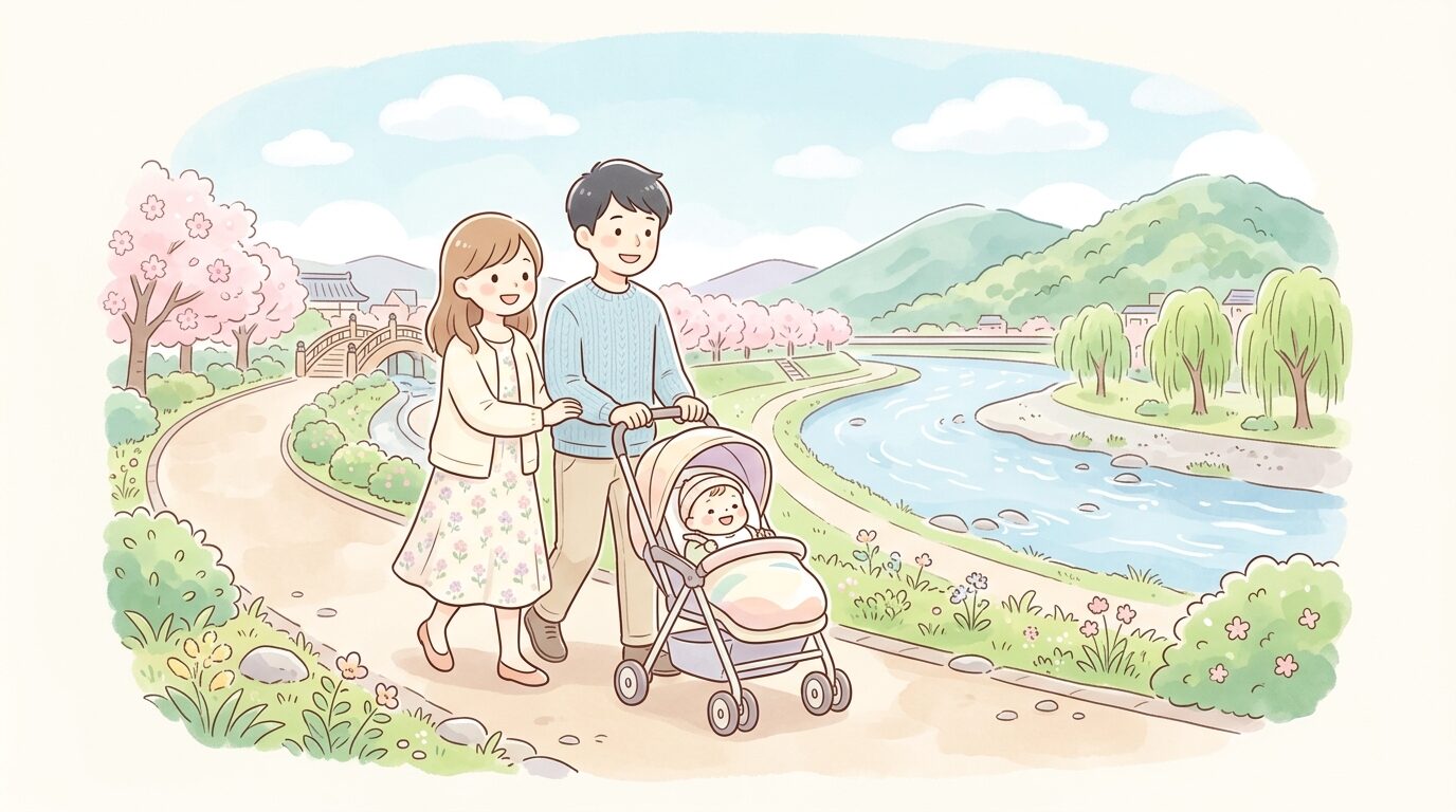 長良川沿いの遊歩道でベビーカーを押しながら散歩する若い夫婦と赤ちゃん