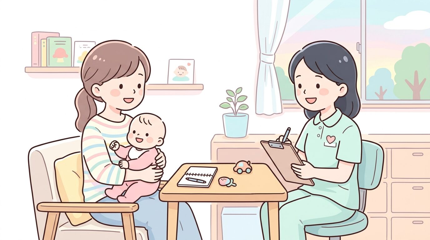 保健センターの相談室で保健師と話す母親と抱っこされた赤ちゃん