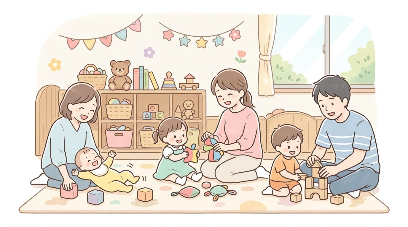 地域の子育て支援センターで親子交流イベントに参加する複数の家族と乳幼児