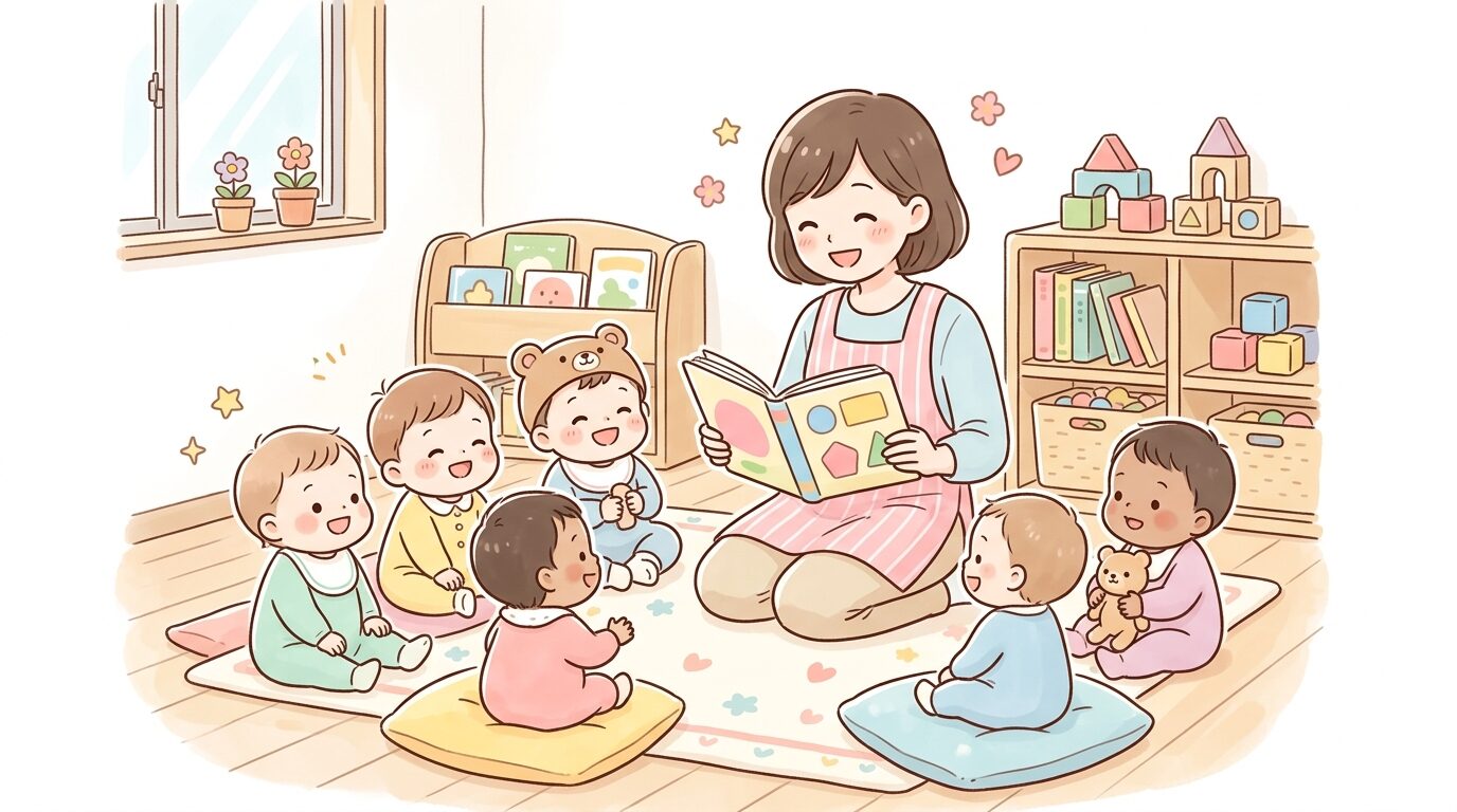 児童館の室内で絵本を読み聞かせる保育士と輪になって座る乳幼児たち、あたたかい雰囲気