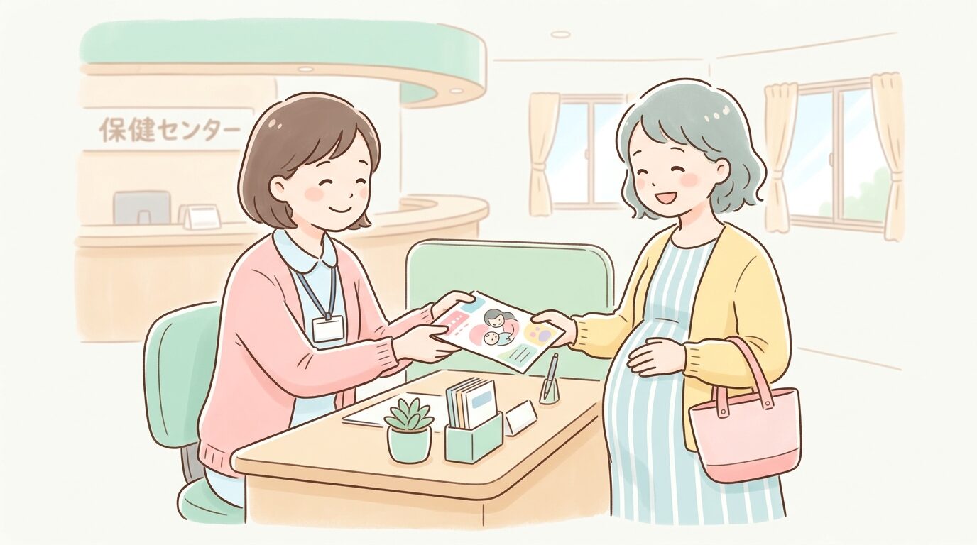 保健センターの窓口で妊婦にパンフレットを渡しながら優しく説明する保健師の様子