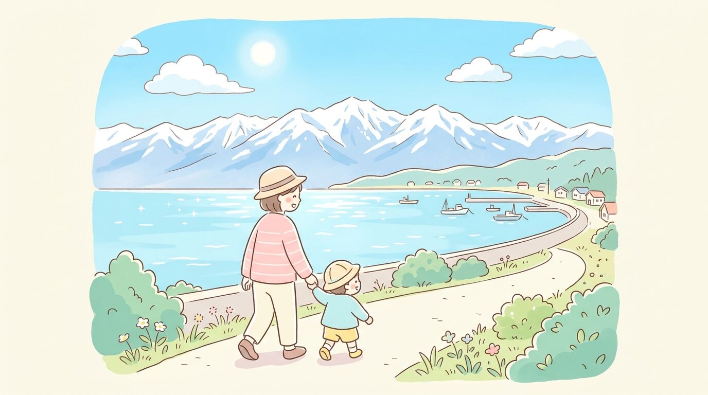 富山湾越しに立山連峰が見える晴れた日の風景、手前に親子が手をつないで歩く後ろ姿