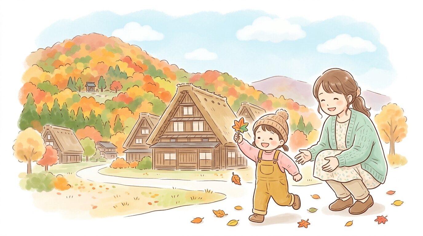田舎の合掌造り集落の前で遊ぶ幼い子どもと見守る親、秋の紅葉が背景に広がる