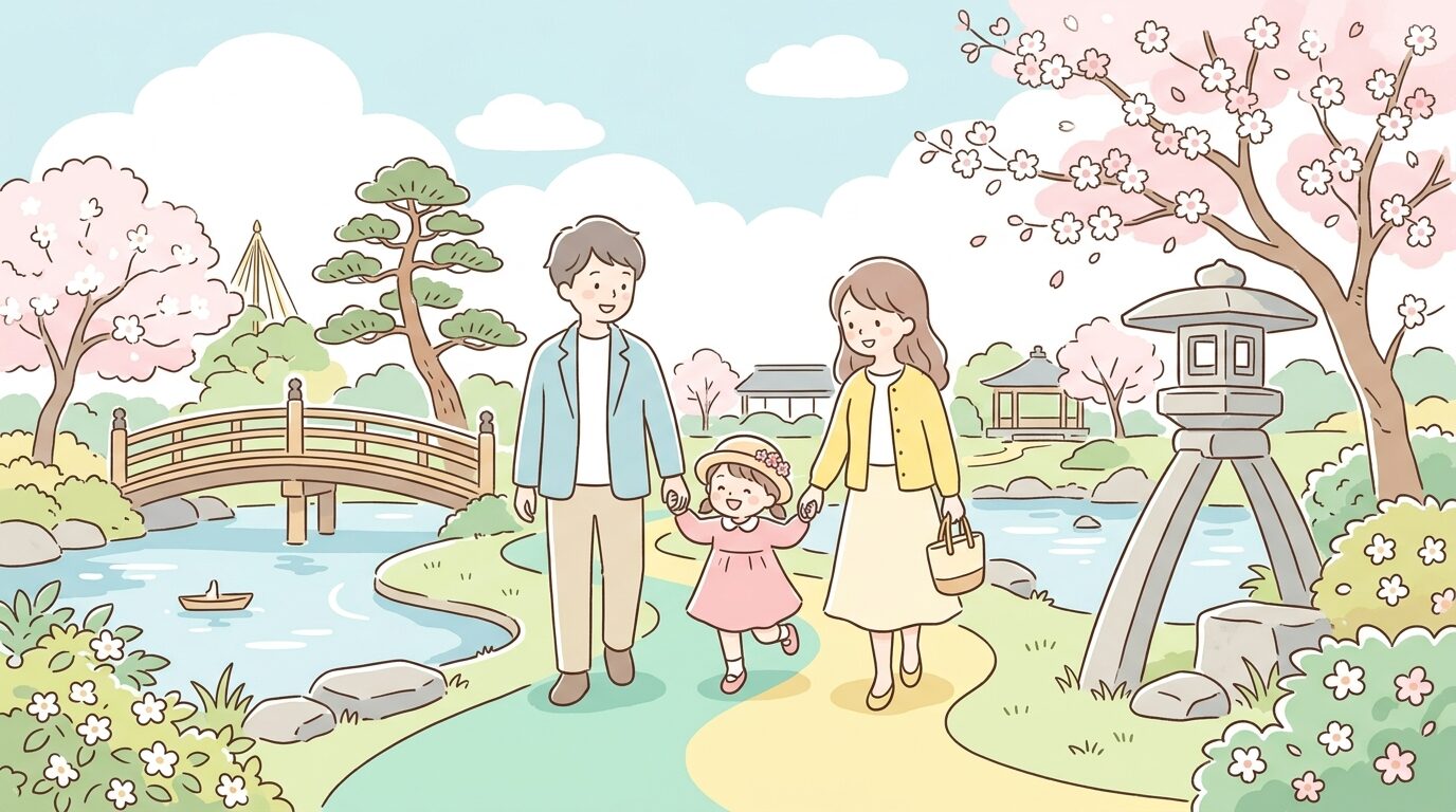 兼六園を背景に親子3人が手をつないで散歩している春の午後の風景