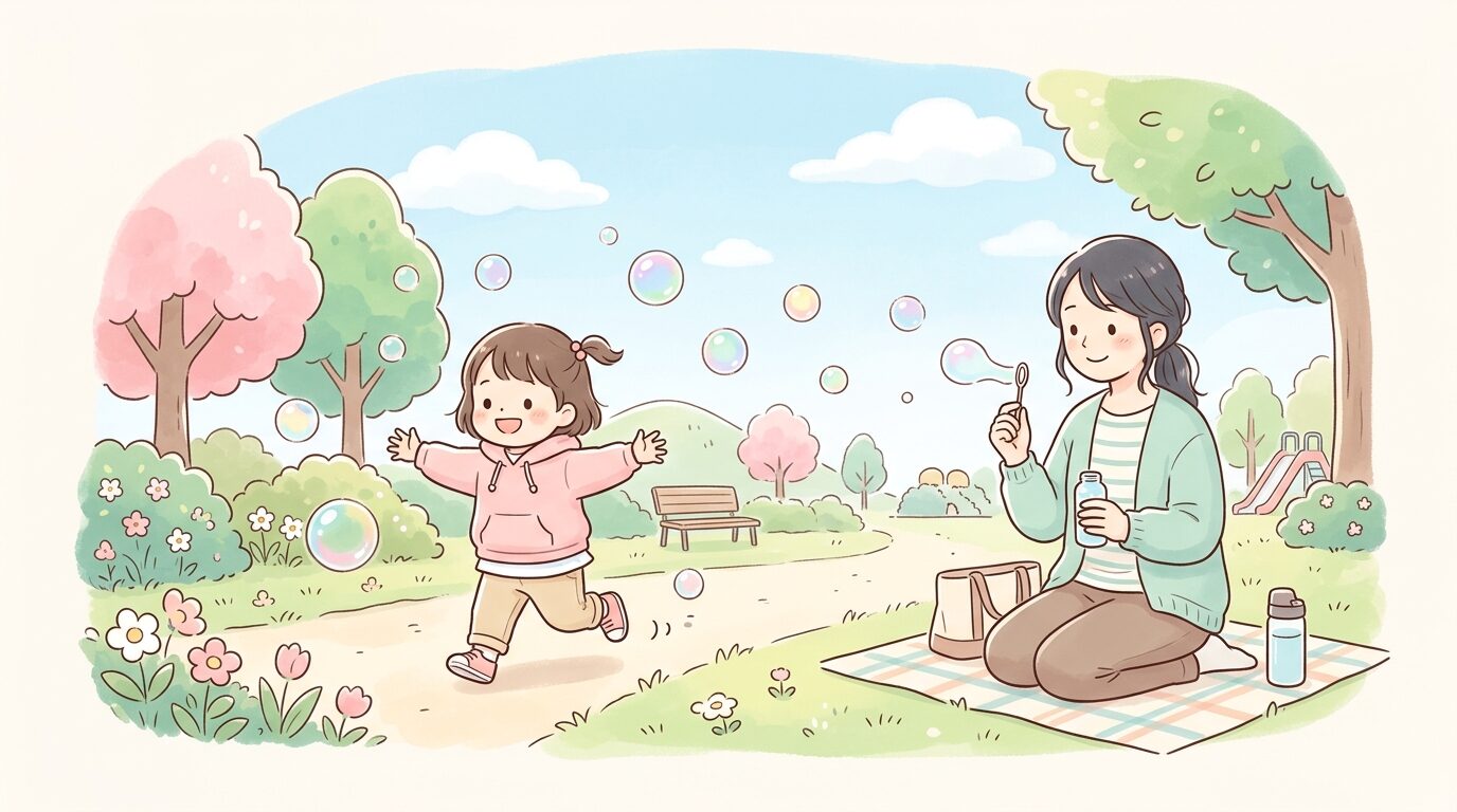 公園でシャボン玉を追いかける2歳くらいの子どもと見守る母親の笑顔