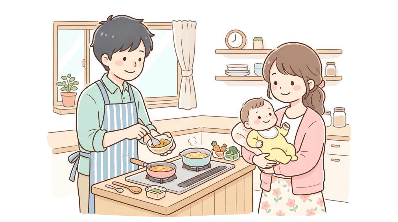 キッチンで離乳食を作る父親と、それを見守る赤ちゃんを抱いた母親の温かい家庭の様子