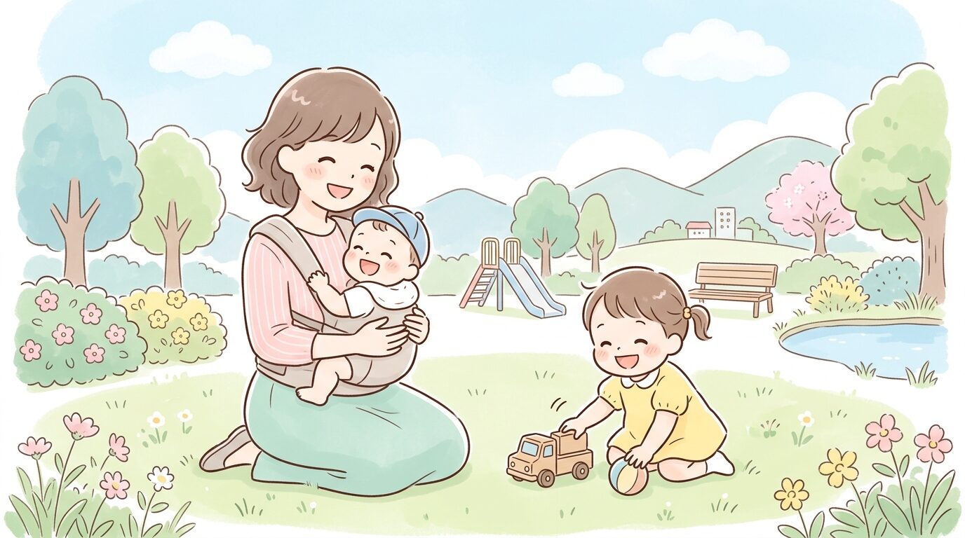 福井県の公園で笑顔の赤ちゃんを抱っこする若い母親と、隣で遊ぶ幼児の親子3人の温かい風景