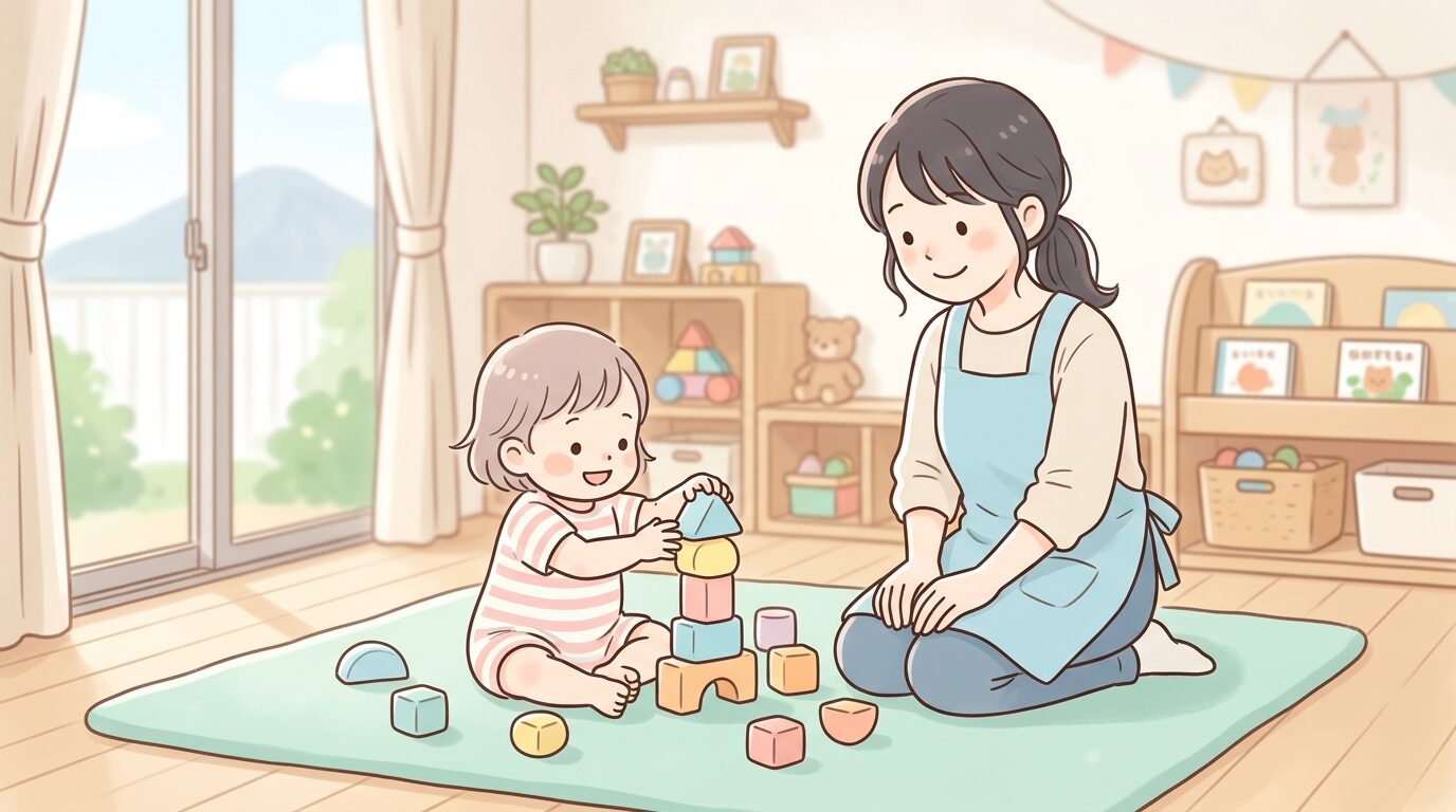 福井県の子育て支援センターで積み木遊びをする1歳児と見守る保育士、明るい室内の様子