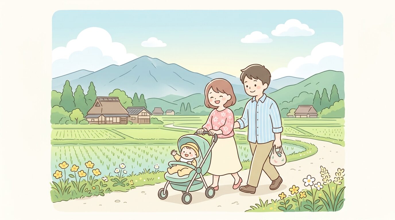 福井県の田園地帯を背景に、ベビーカーを押しながら散歩する両親と乳児の親子連れ
