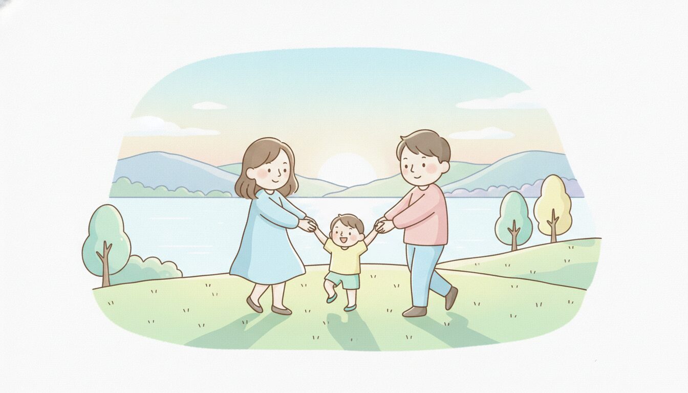 琵琶湖畔の芝生広場で親子が手をつないで遊んでいる、柔らかい午後の光の中の風景