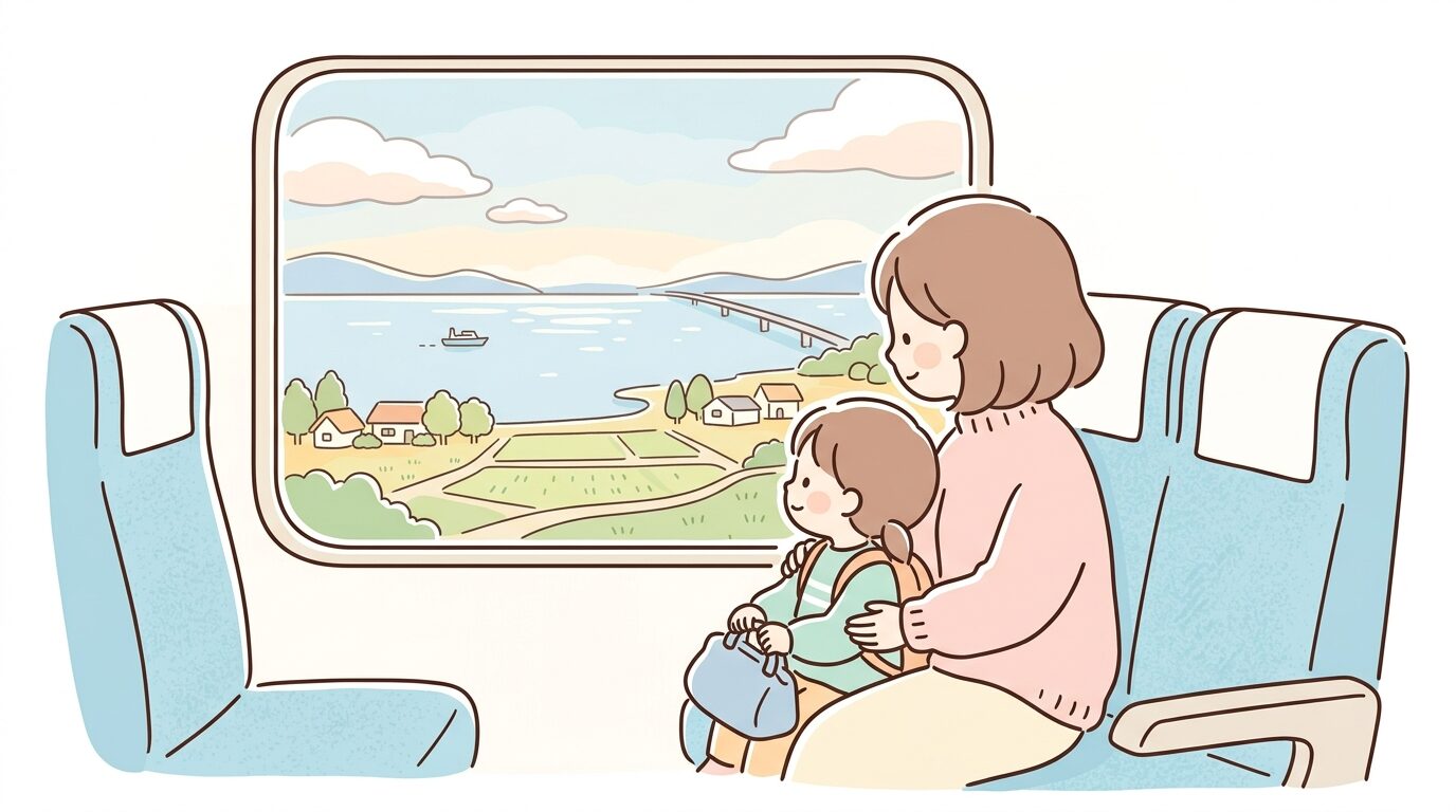 新快速電車の車内から琵琶湖と田園風景を眺める親子連れの後ろ姿