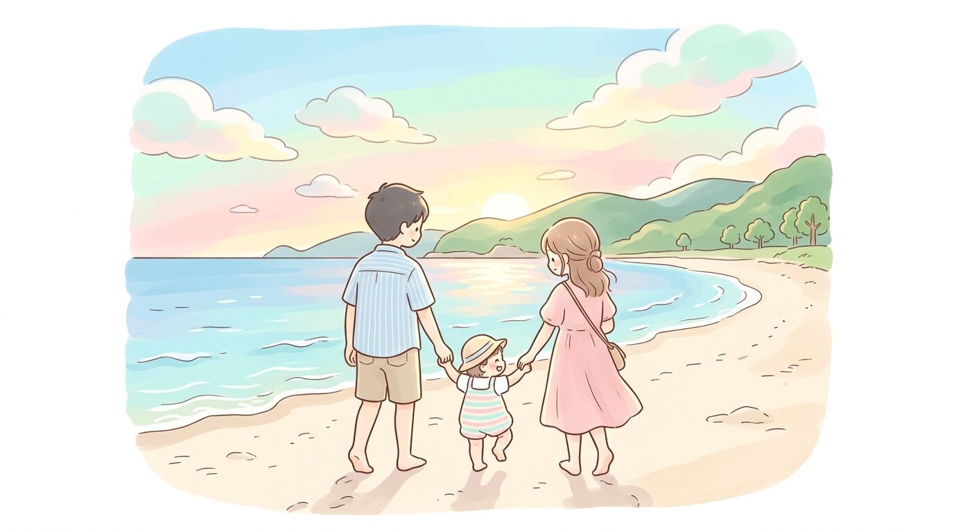 和歌山の海辺で小さな子どもと手をつないで歩く若い夫婦の後ろ姿、明るい日差し