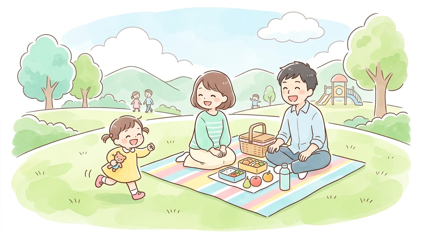 公園の芝生でシートを広げてピクニックをする家族と遊びまわる幼児