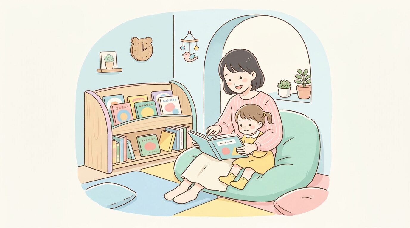 図書館の絵本コーナーで親子が一緒に絵本を読んでいる穏やかなシーン