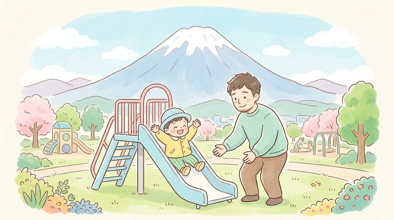 米子市の大山を背景に公園で遊ぶ幼児と見守る父親の温かい情景
