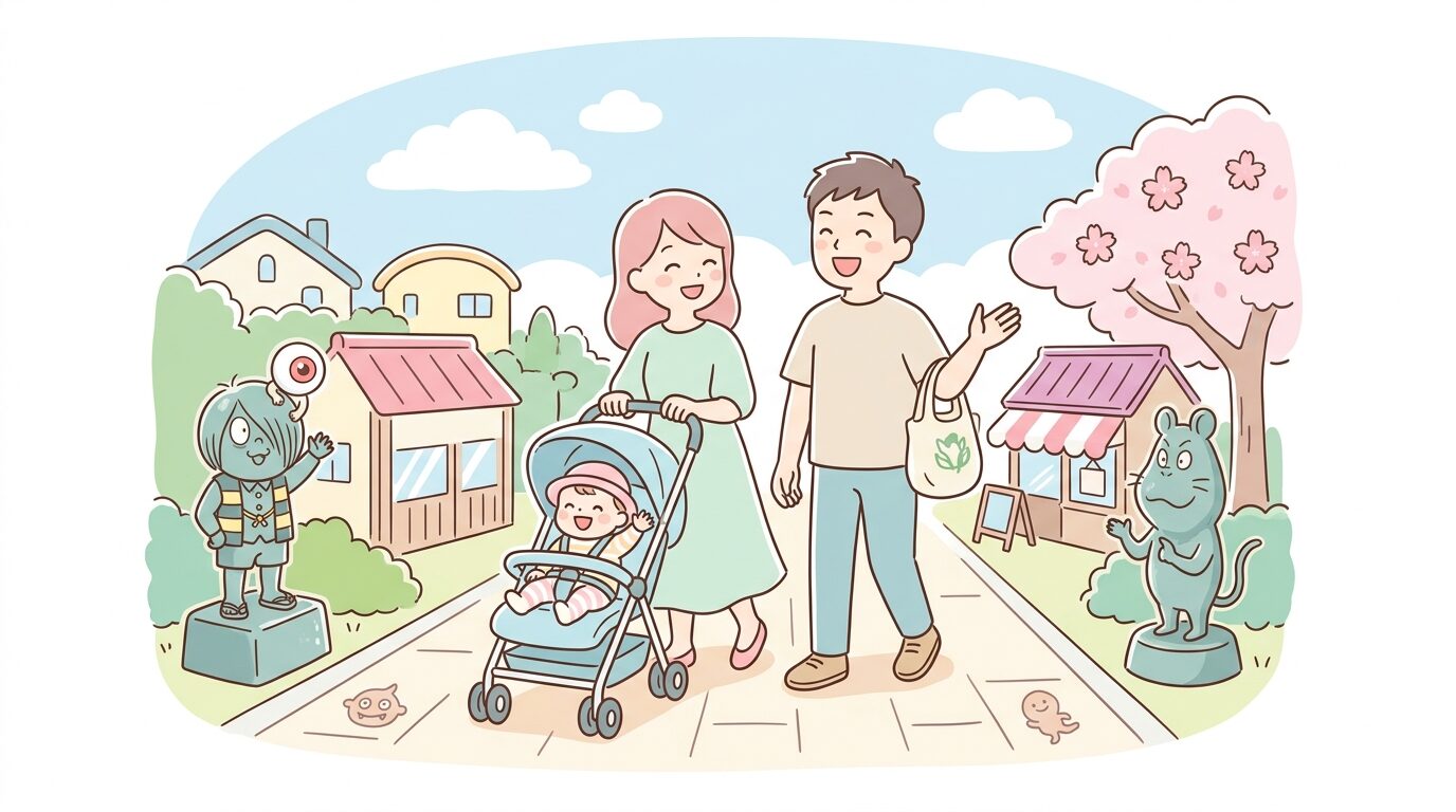 境港市の水木しげるロードをベビーカーで散歩する家族の楽しそうな様子