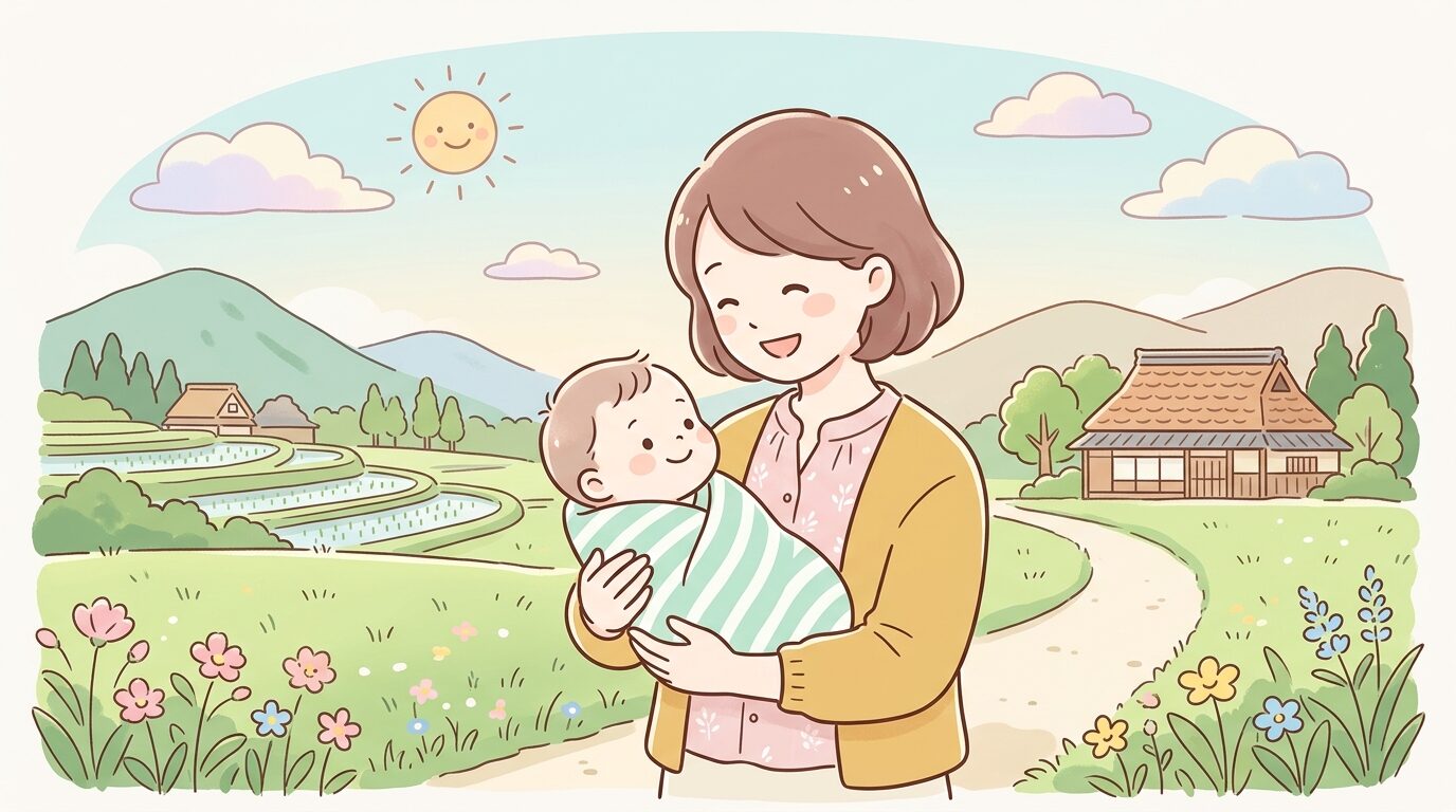 島根県の田園風景を背景に赤ちゃんを抱っこして微笑む母親