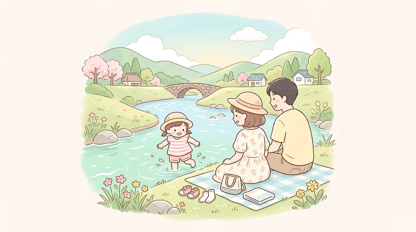 川辺で靴を脱いで水遊びをする幼児と見守る両親の後ろ姿