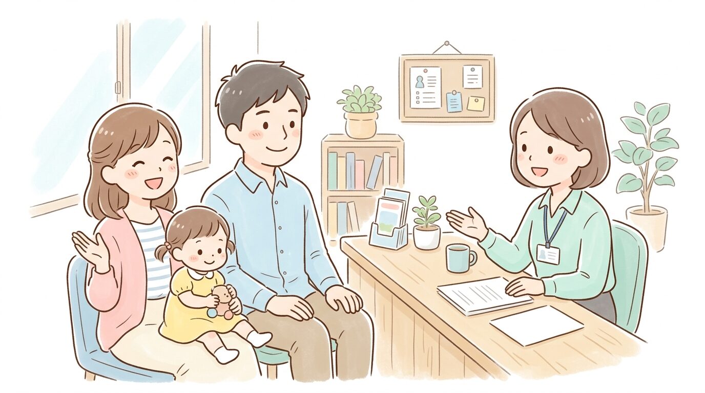 相談カウンターで移住相談員と笑顔で話す30代夫婦と幼い子ども