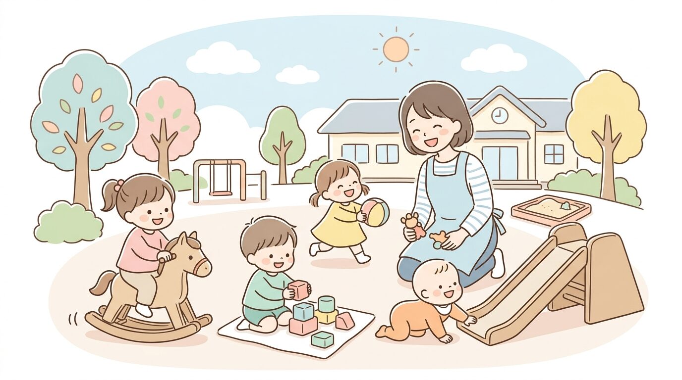 保育園の園庭で笑顔で遊ぶ0歳から3歳くらいの子どもたちと見守る保育士