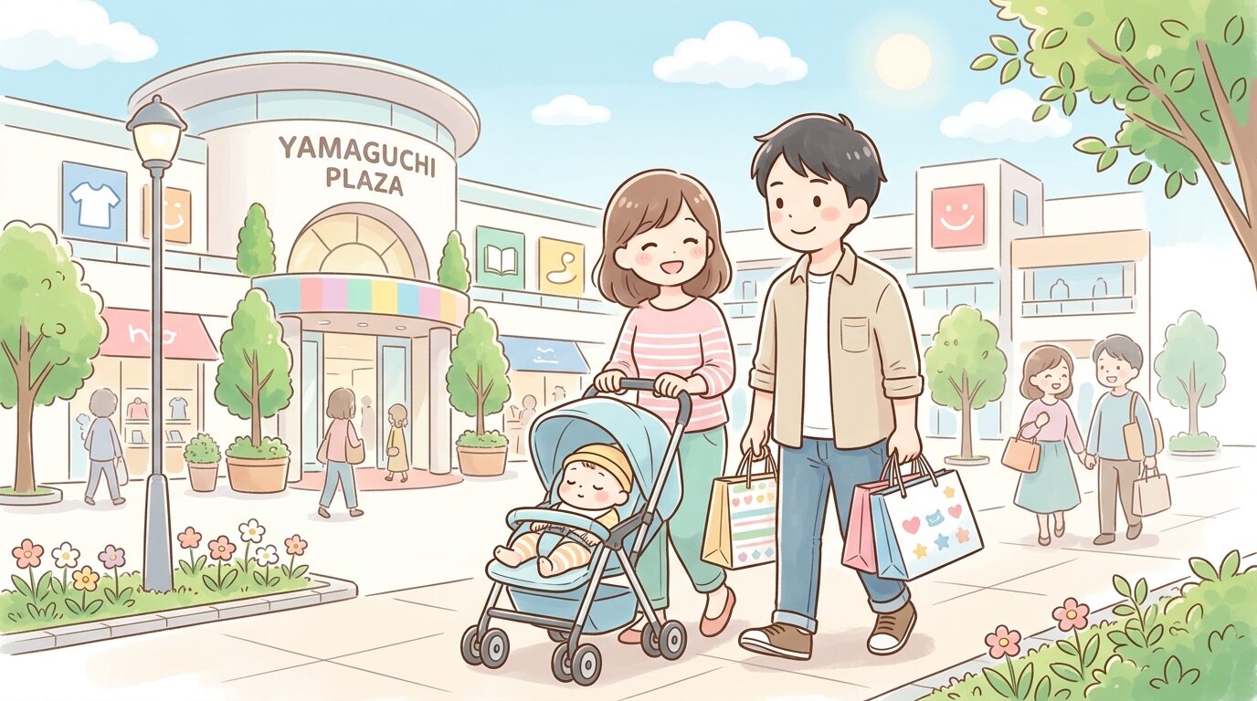 商業施設の前でベビーカーを押しながら買い物を楽しむ若い夫婦