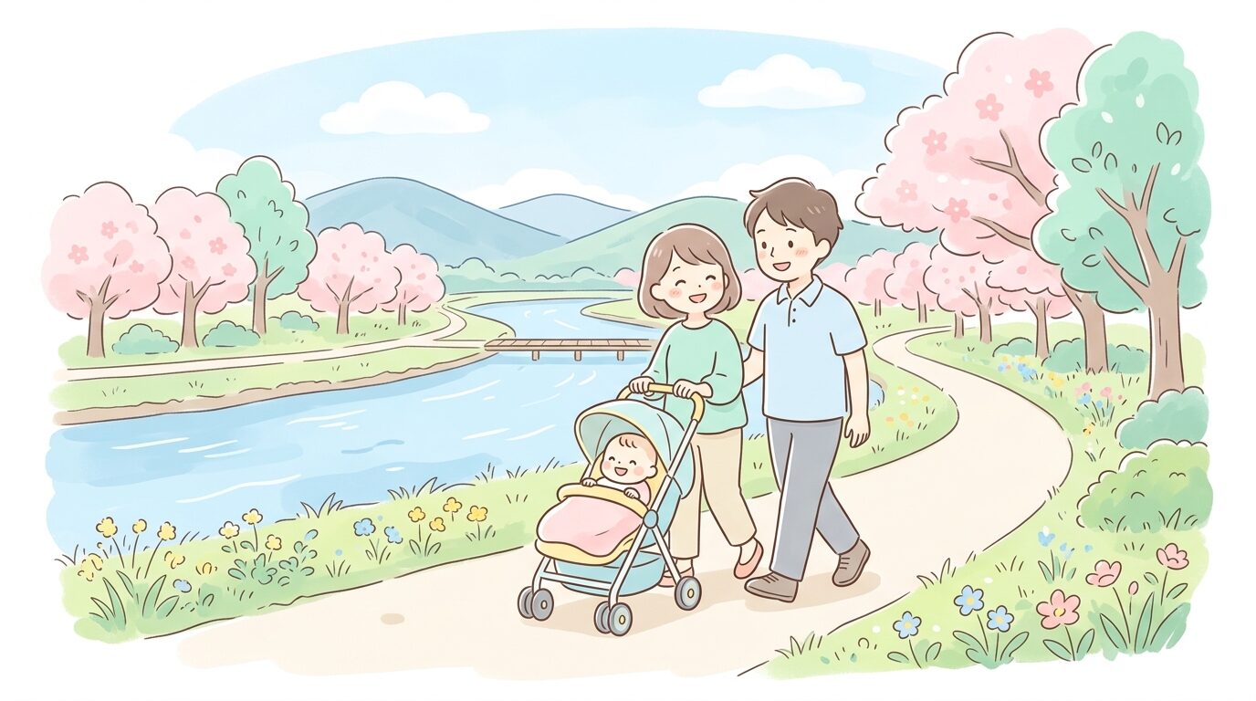 吉野川沿いの公園でベビーカーを押しながら散歩する若い夫婦と赤ちゃん