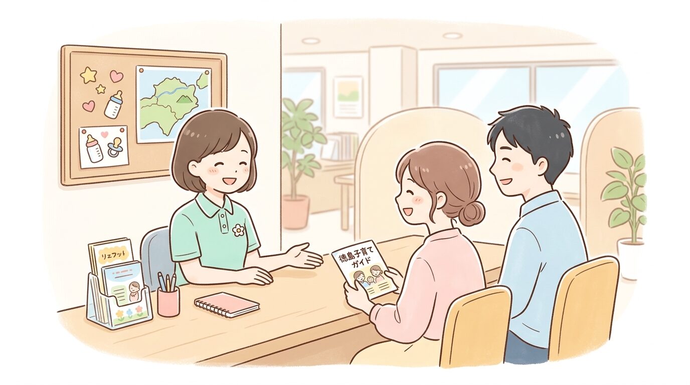自治体窓口で子育て支援制度について相談する若い夫婦とスタッフ