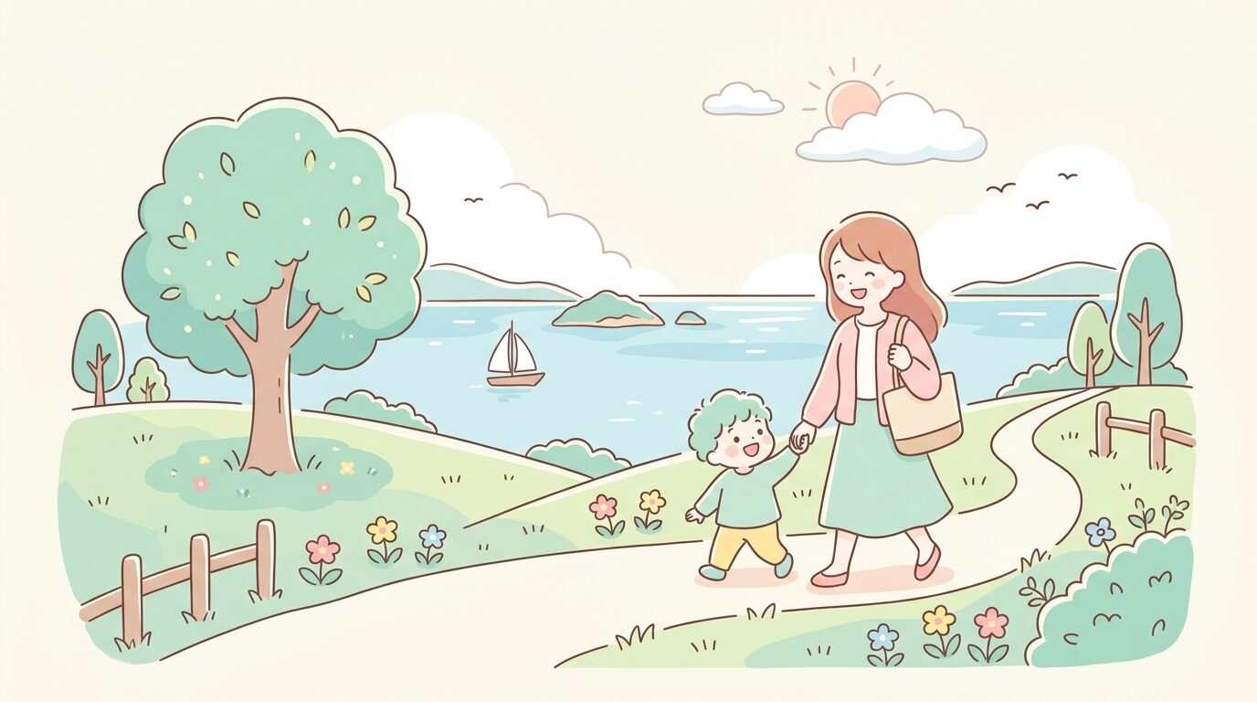 瀬戸内海を背景に親子が手をつないで公園を歩く穏やかな午後の風景