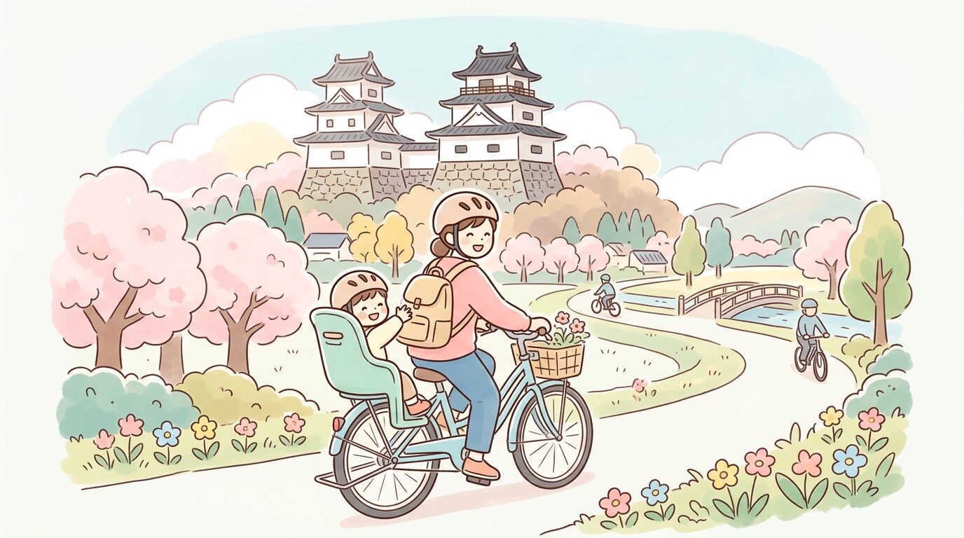 丸亀城を背景に自転車の後ろに子どもを乗せて走る母親の後ろ姿