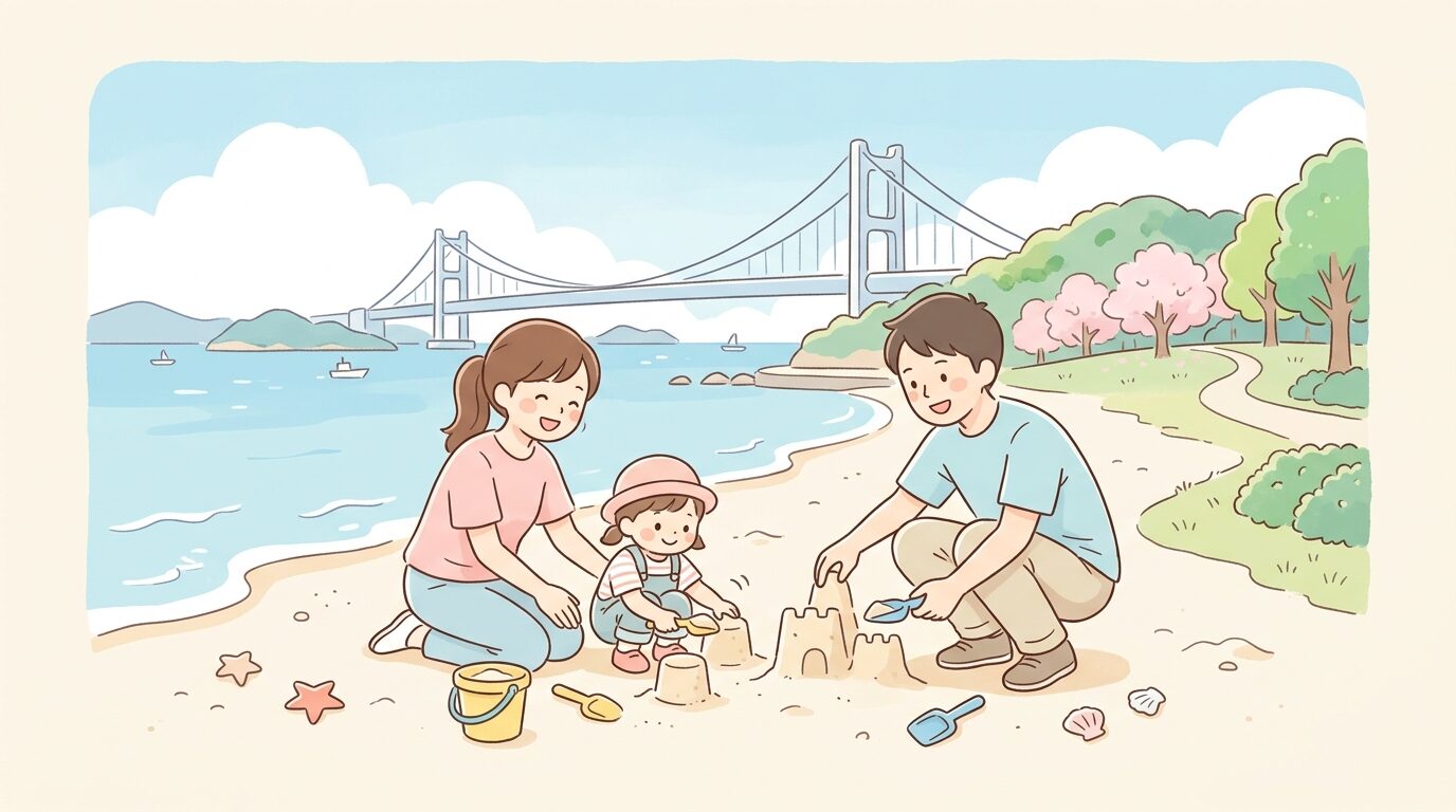 瀬戸大橋を遠くに望む海沿いの公園で子どもと砂遊びをする家族