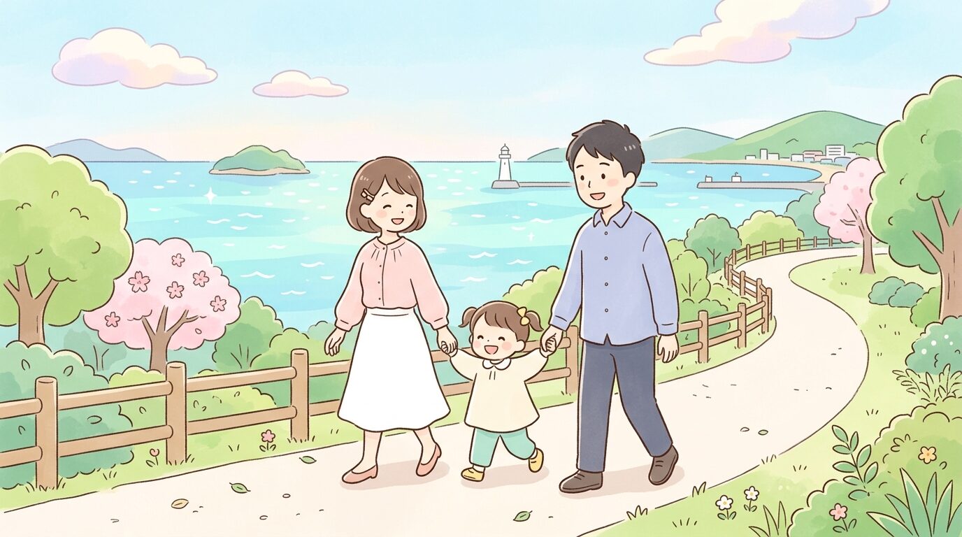 瀬戸内海を背景に親子3人で手をつないで歩く海沿いの公園の風景