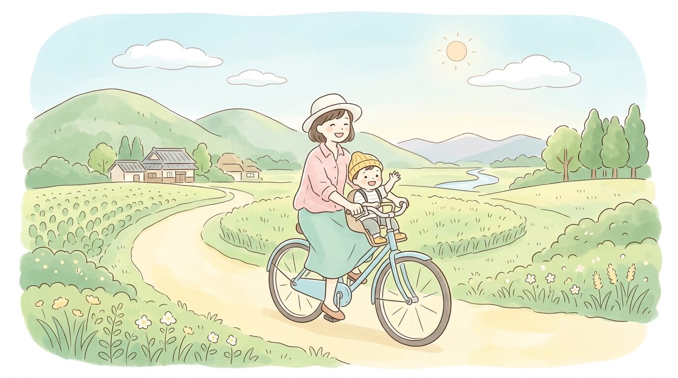 田園風景の中を親子で自転車に乗って散歩する穏やかな午後の様子