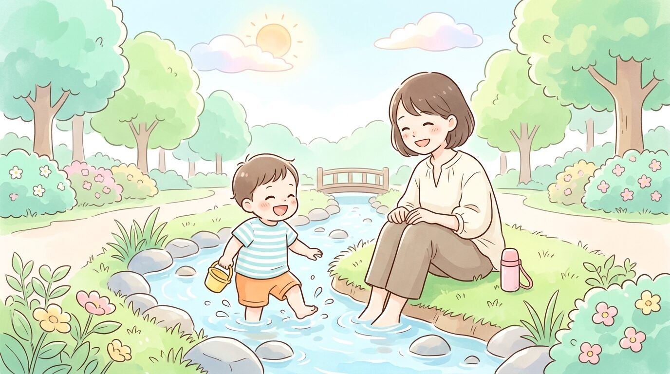 湧き水が流れる公園で水遊びをする幼児と見守る母親の笑顔