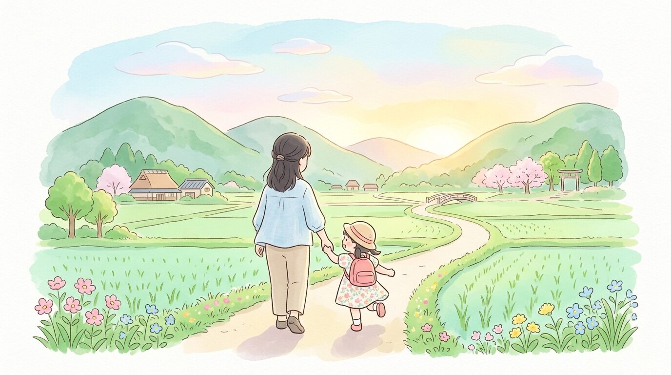 高知の田園風景の中で親子が手をつないで散歩している後ろ姿、朝の柔らかい光