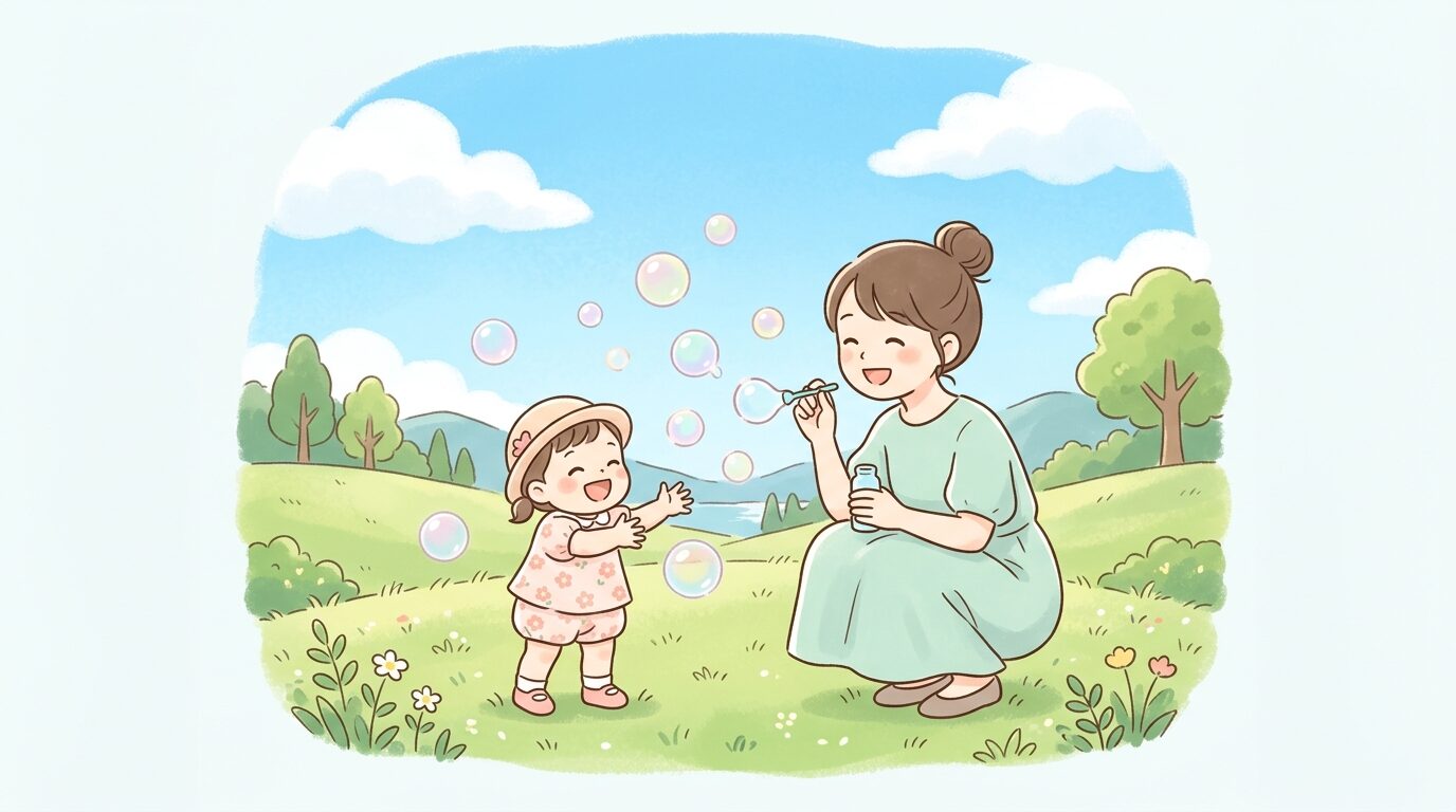 芝生の公園で小さな子どもとシャボン玉を楽しむ母親、青空の下でのびのびとした様子