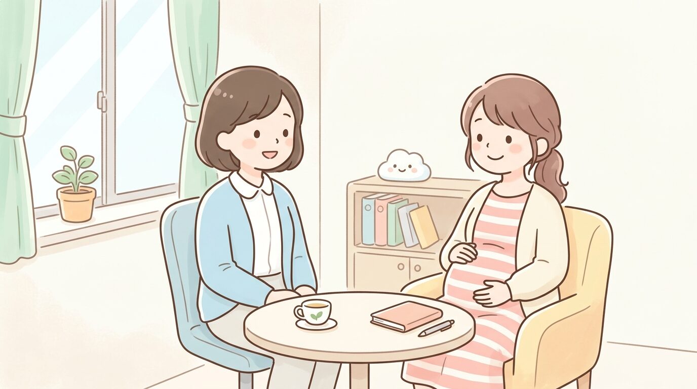 保健センターの相談室で保健師と話す妊婦、あたたかく穏やかな雰囲気の室内