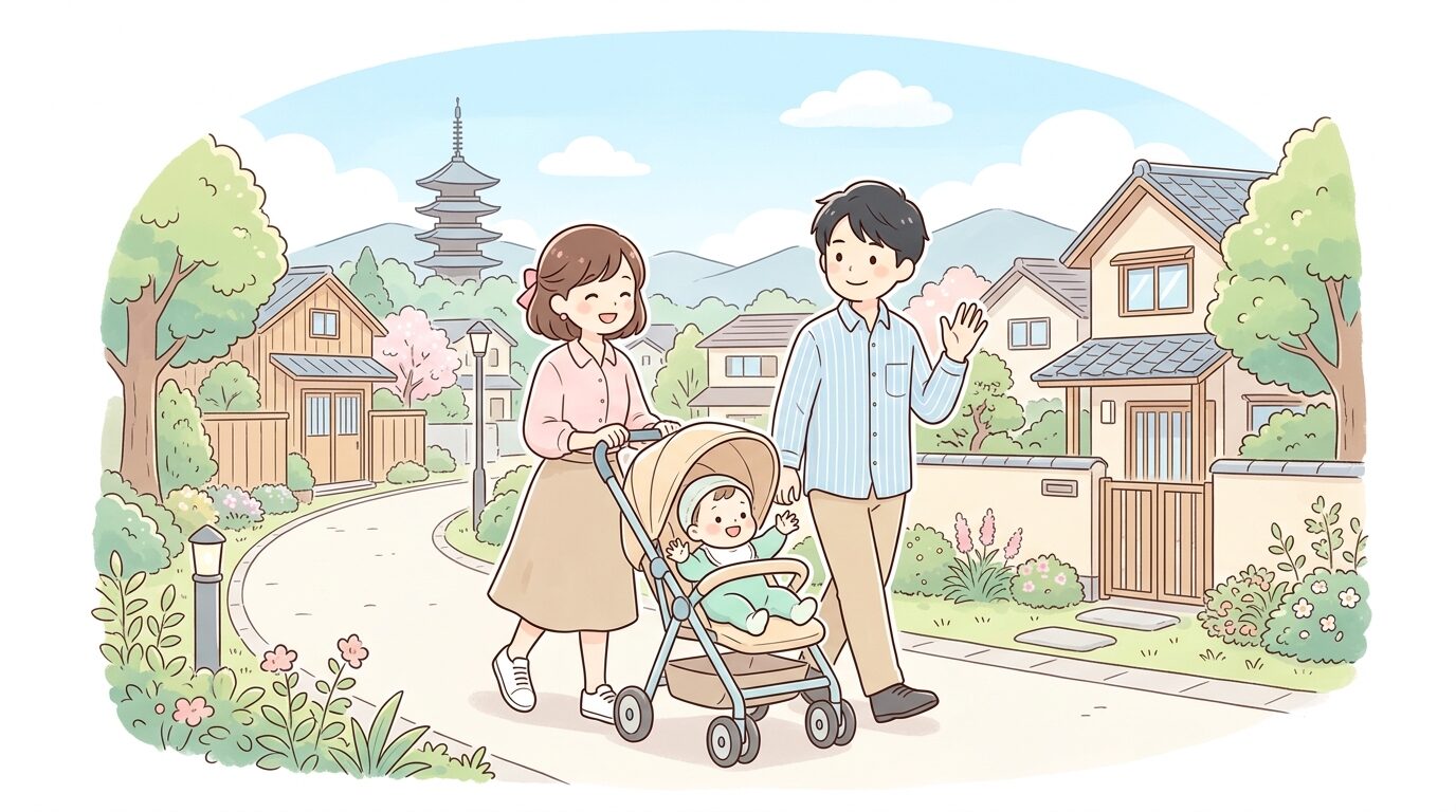 奈良の住宅街を散歩するベビーカーを押す若い夫婦と赤ちゃん