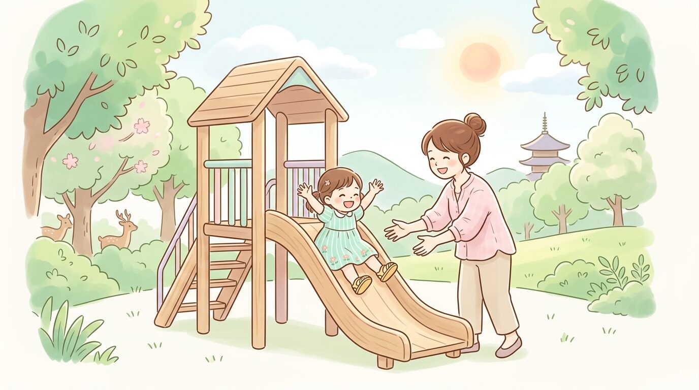 緑豊かな公園で親子が一緒に遊具で遊んでいる様子