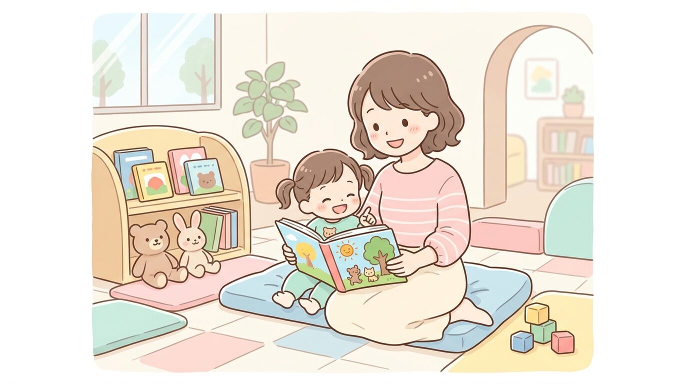 商業施設のキッズスペースで絵本を読む親子連れ