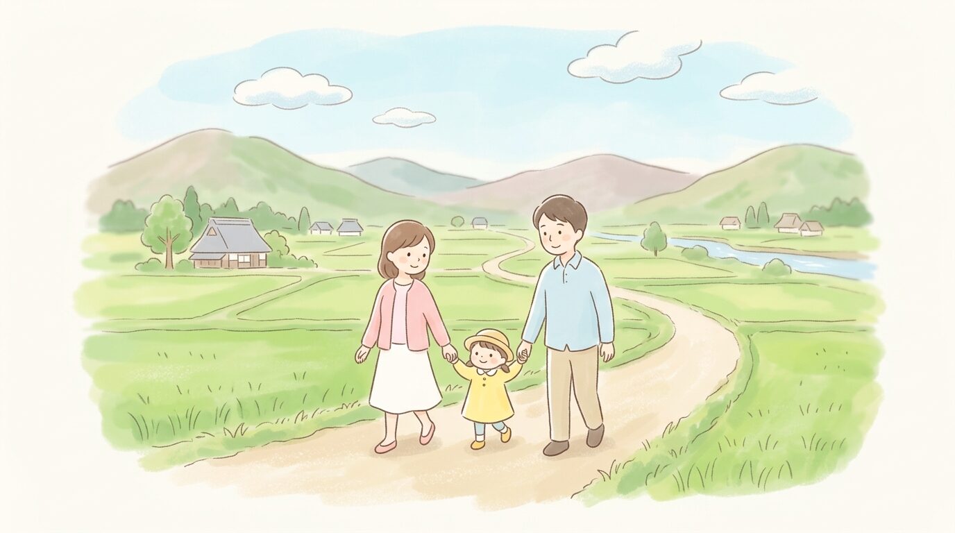 佐賀県の田園風景を背景に、親子3人が手をつないで歩いている穏やかな昼下がりの様子