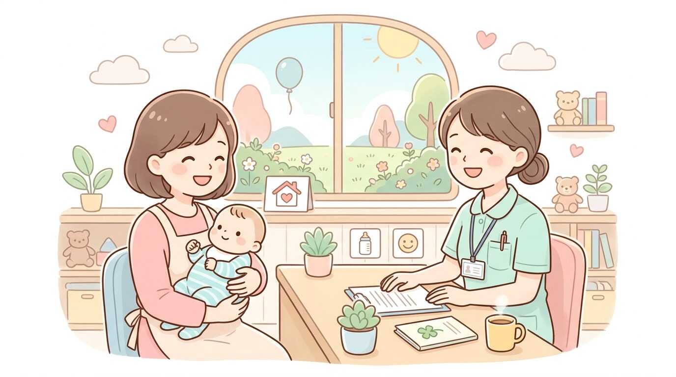 明るいこども家庭センターの窓口で赤ちゃんを抱いた母親が保健師に相談している様子
