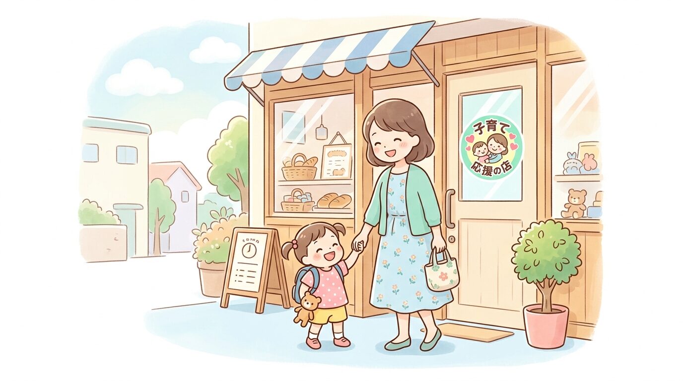 「子育て応援の店」のステッカーが貼られた店舗の入り口で親子連れが笑顔で買い物をする様子