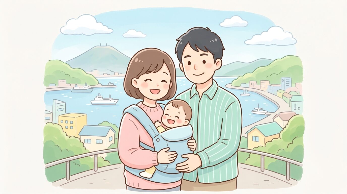 長崎港を背景に赤ちゃんを抱っこして微笑む母親と父親の家族写真