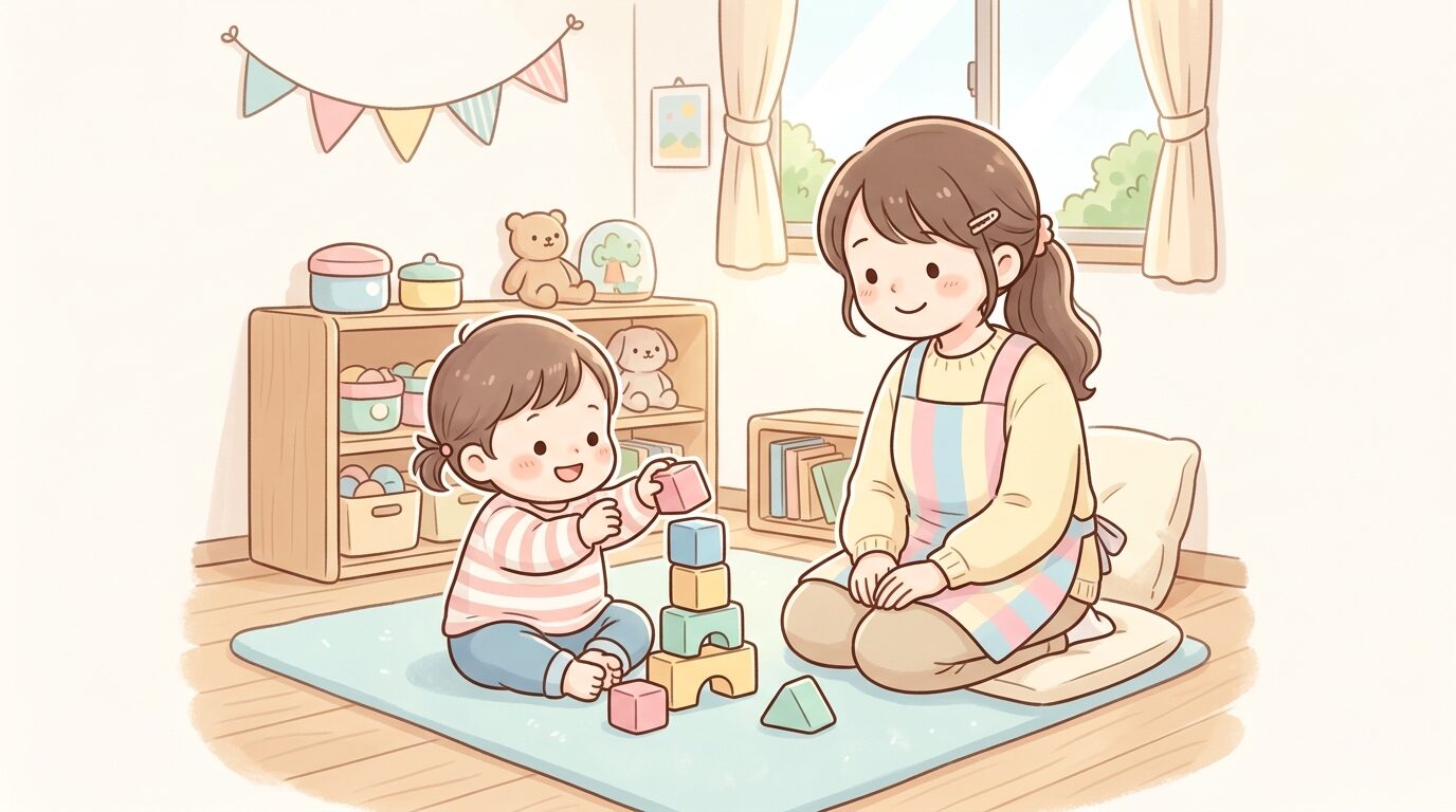 児童館の室内で積み木遊びをする1歳児と見守る保育士