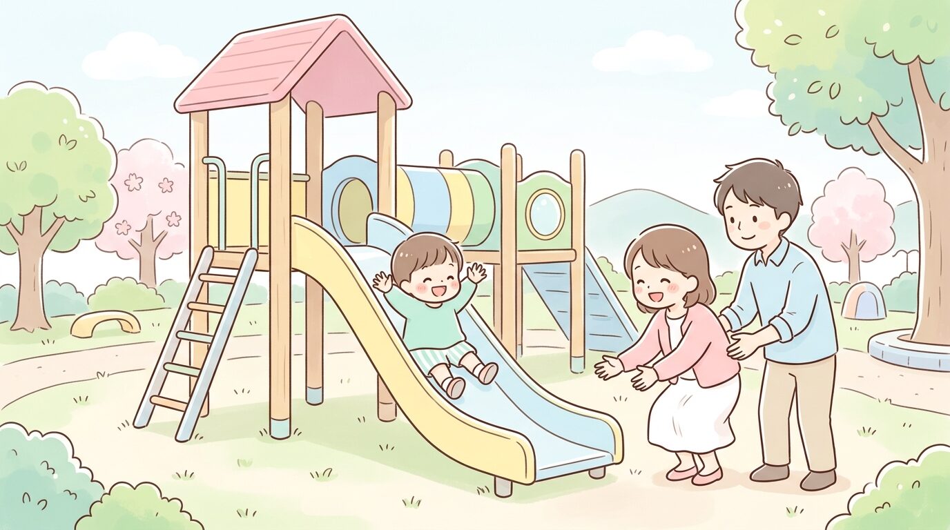 公園の大型遊具で楽しそうに滑り台を滑る2歳児と見守る両親