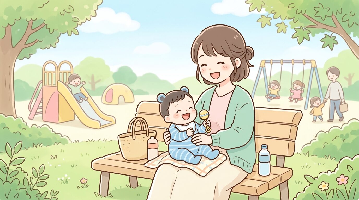 公園のベンチに座り赤ちゃんと笑い合う20代の母親、背景に緑の芝生と遊具