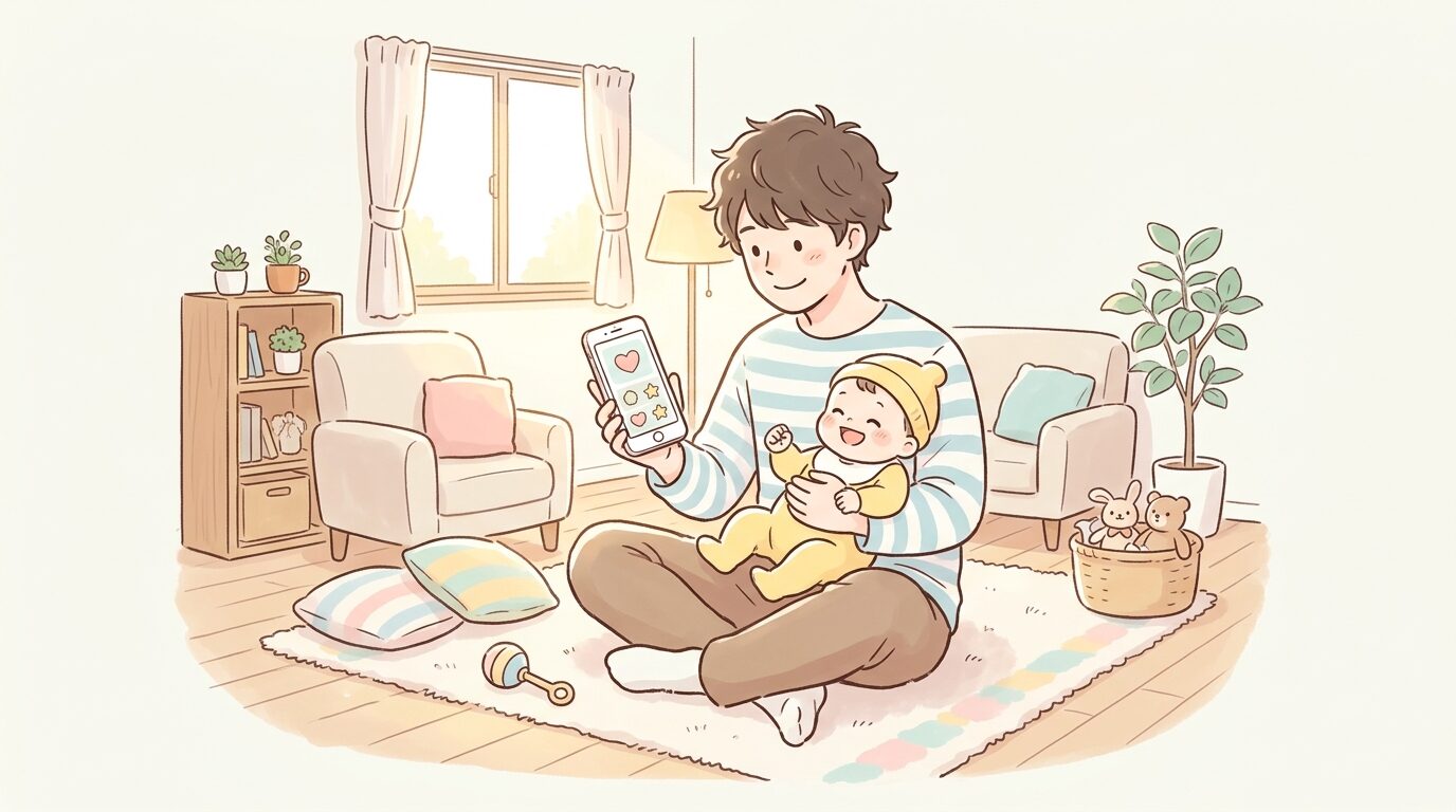 リビングでスマートフォンの子育てアプリを操作しながら赤ちゃんをあやす父親、柔らかな照明の室内