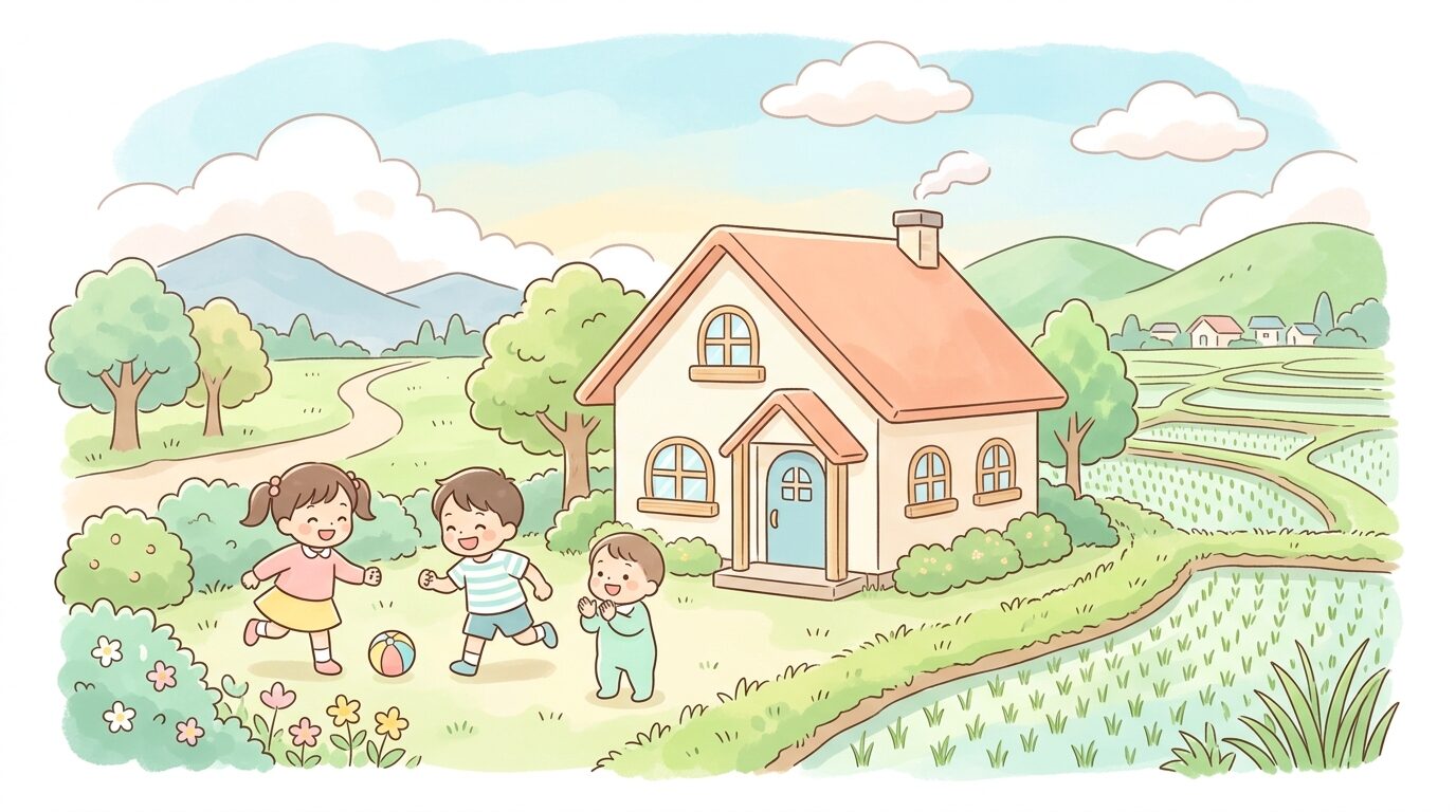のどかな田園風景の中に建つ新築の一戸建て住宅と遊ぶ子ども