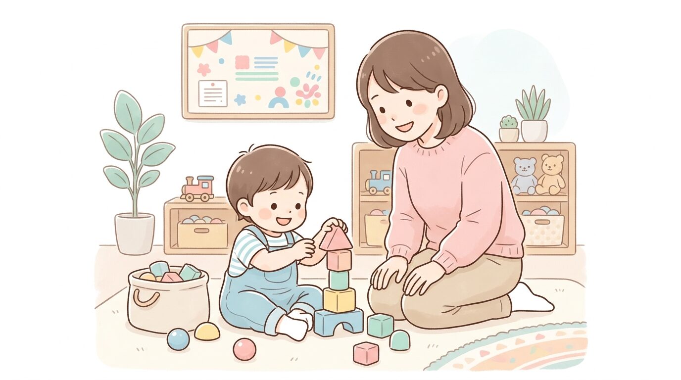 子育て支援センターで積み木遊びをする1歳児と見守る保護者の温かい様子